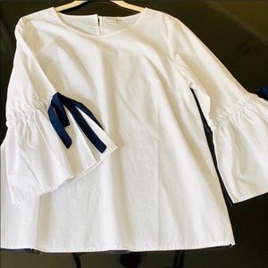 White Blouse with Navy Bow Tie Bell Sleeves